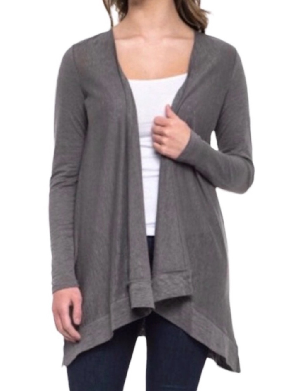 TAHARI open front long line 100% linen cardigan size medium gray minimalist